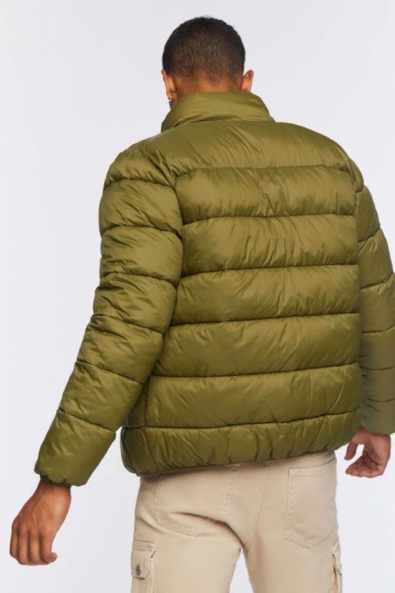 Casacas Forever 21 Zip Up Puffer Hombre Verde Oliva | 7SqWHFPgYNX