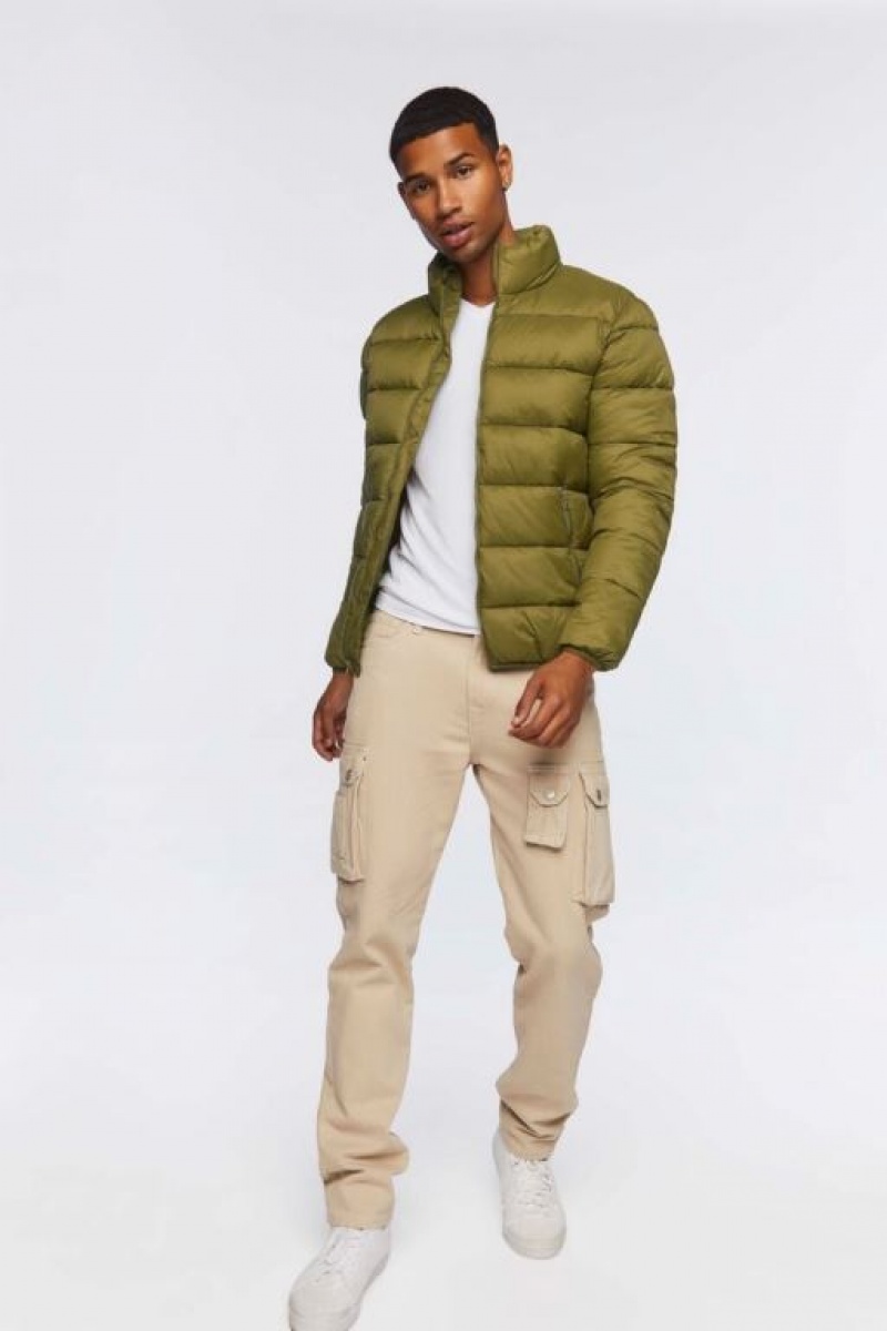 Casacas Forever 21 Zip Up Puffer Hombre Verde Oliva | 7SqWHFPgYNX