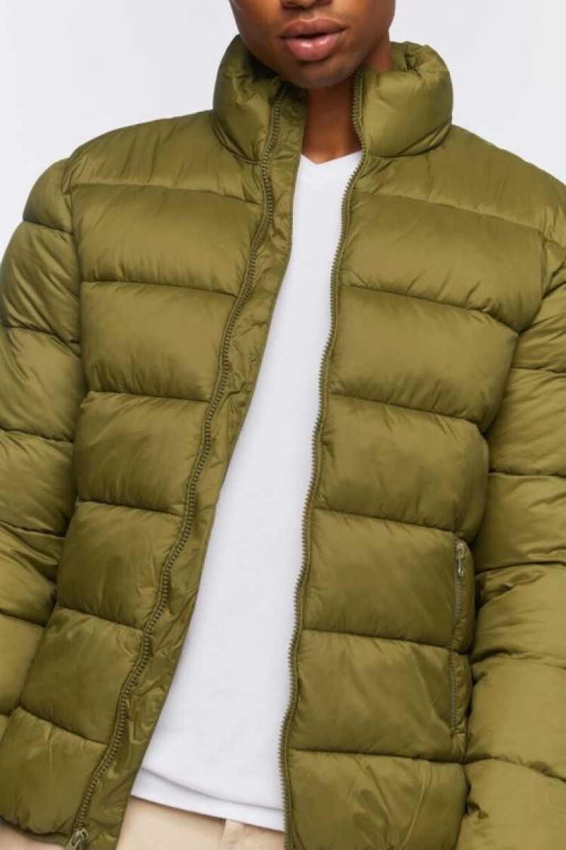 Casacas Forever 21 Zip Up Puffer Hombre Verde Oliva | 7SqWHFPgYNX