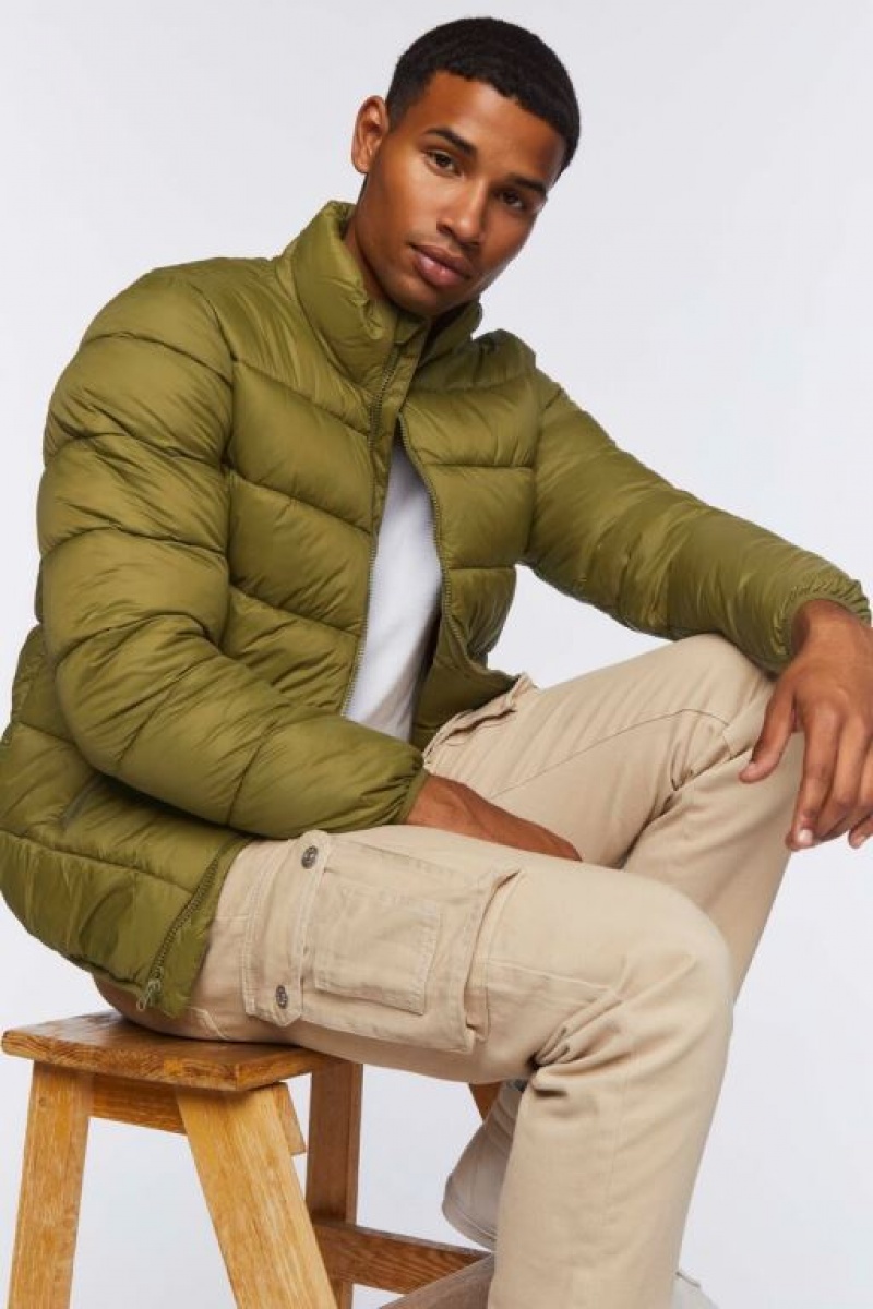 Casacas Forever 21 Zip Up Puffer Hombre Verde Oliva | 7SqWHFPgYNX