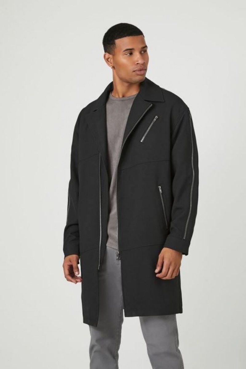 Casacas Forever 21 Zippered Longline Coat Hombre Negras | rv9RYOe6Cm0