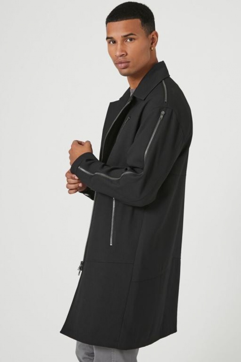 Casacas Forever 21 Zippered Longline Coat Hombre Negras | rv9RYOe6Cm0