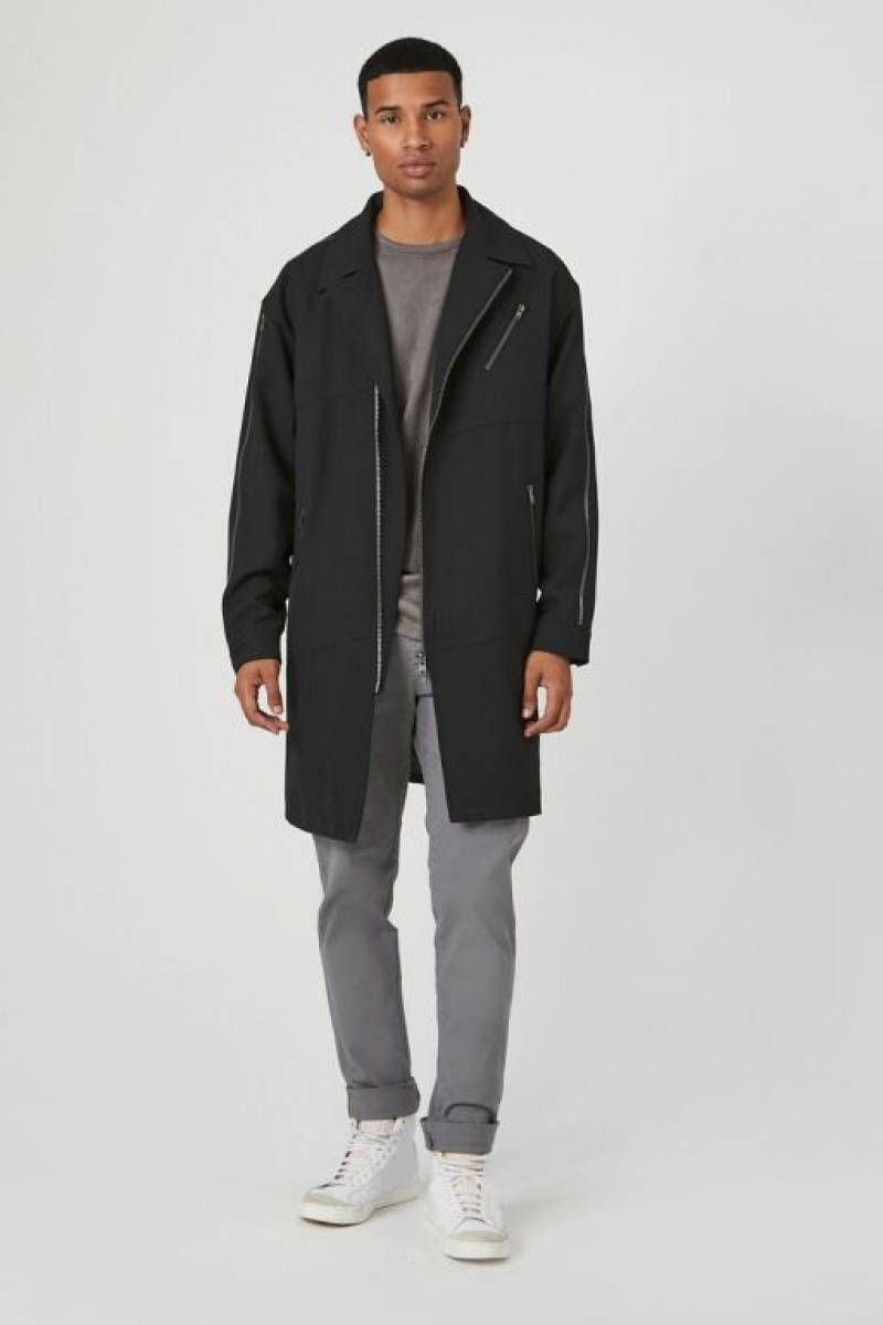 Casacas Forever 21 Zippered Longline Coat Hombre Negras | rv9RYOe6Cm0