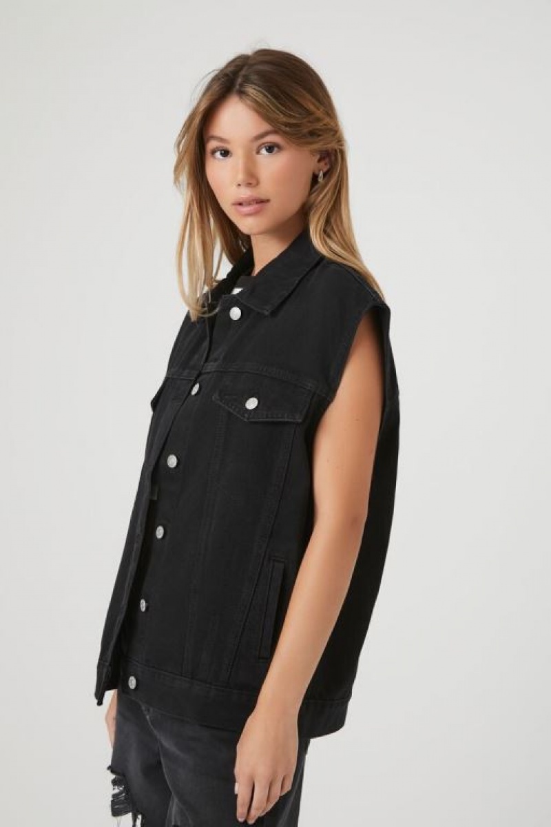 Chaleco Forever 21 Button Up Denim Mujer Negras | 8Ts1FzD1kTj