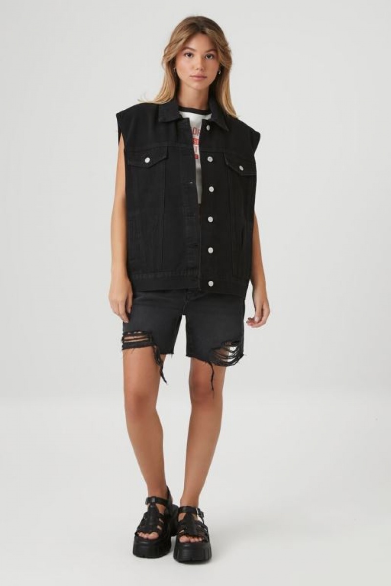 Chaleco Forever 21 Button Up Denim Mujer Negras | 8Ts1FzD1kTj