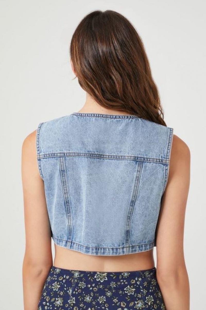 Chaleco Forever 21 Cropped Denim Mujer Azules Claro | FLPmv7nCVWg