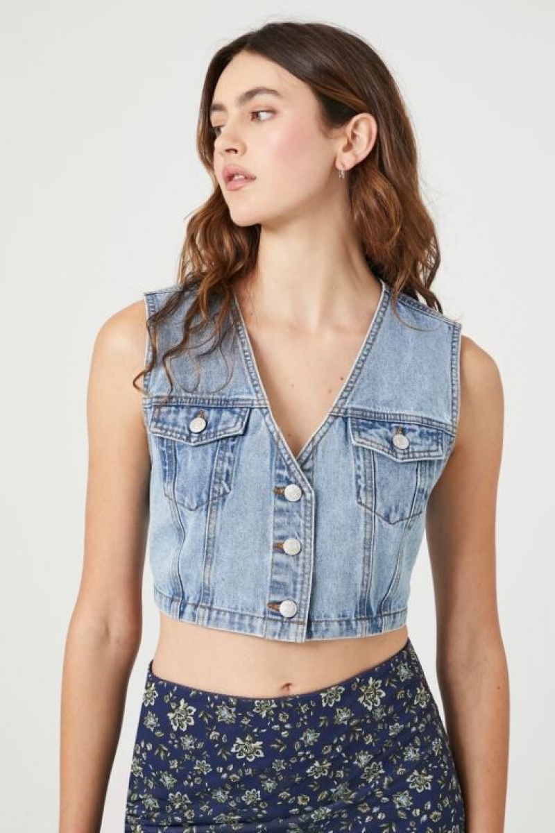 Chaleco Forever 21 Cropped Denim Mujer Azules Claro | FLPmv7nCVWg