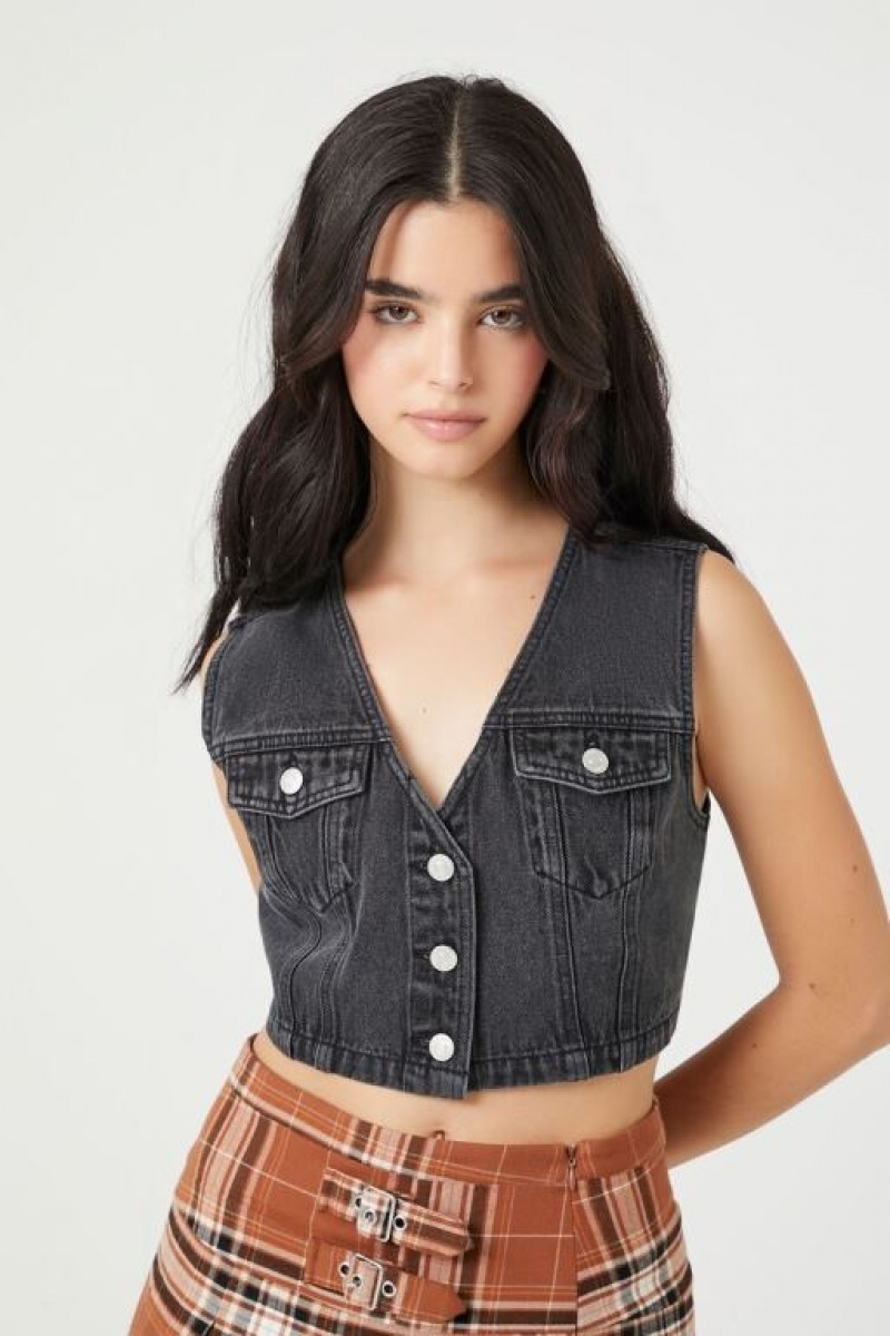 Chaleco Forever 21 Cropped Denim Mujer Gris | PzelS4C0Rvr