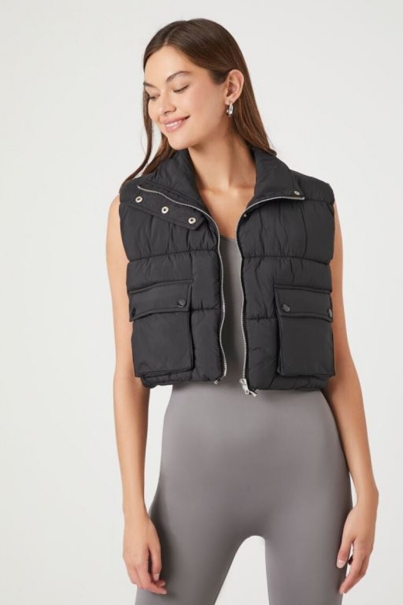 Chaleco Forever 21 Cropped Zip Up Puffer Mujer Negras | p6u09LWeett