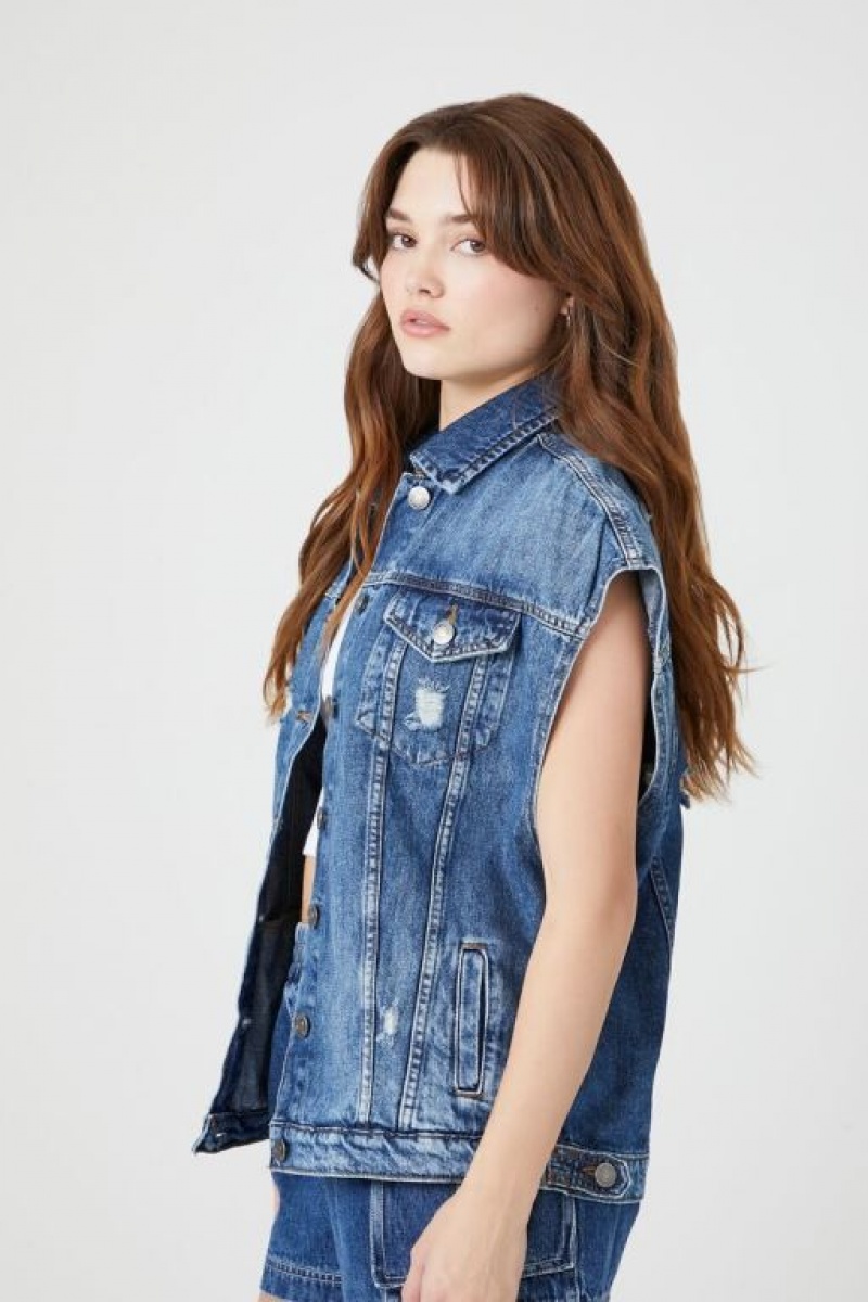 Chaleco Forever 21 Distressed Button Front Denim Mujer Azules | oZyBsXEjNqN