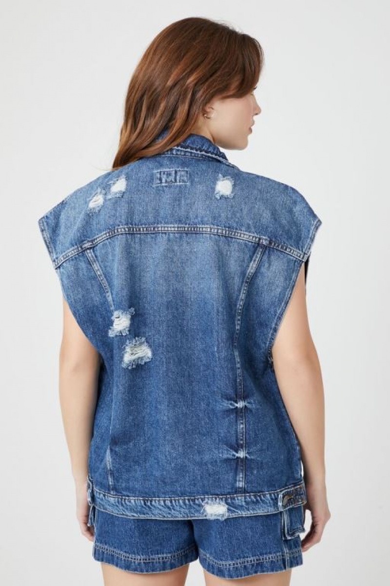 Chaleco Forever 21 Distressed Button Front Denim Mujer Azules | oZyBsXEjNqN