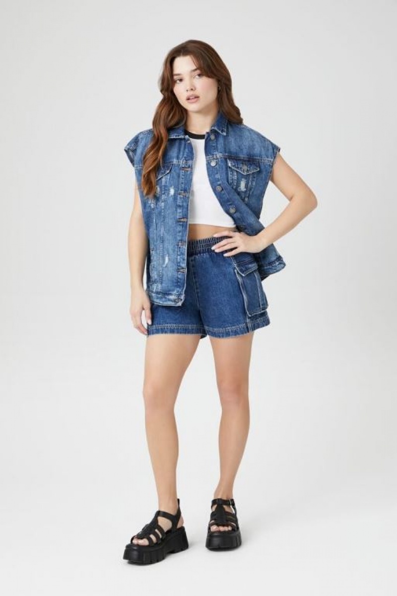 Chaleco Forever 21 Distressed Button Front Denim Mujer Azules | oZyBsXEjNqN