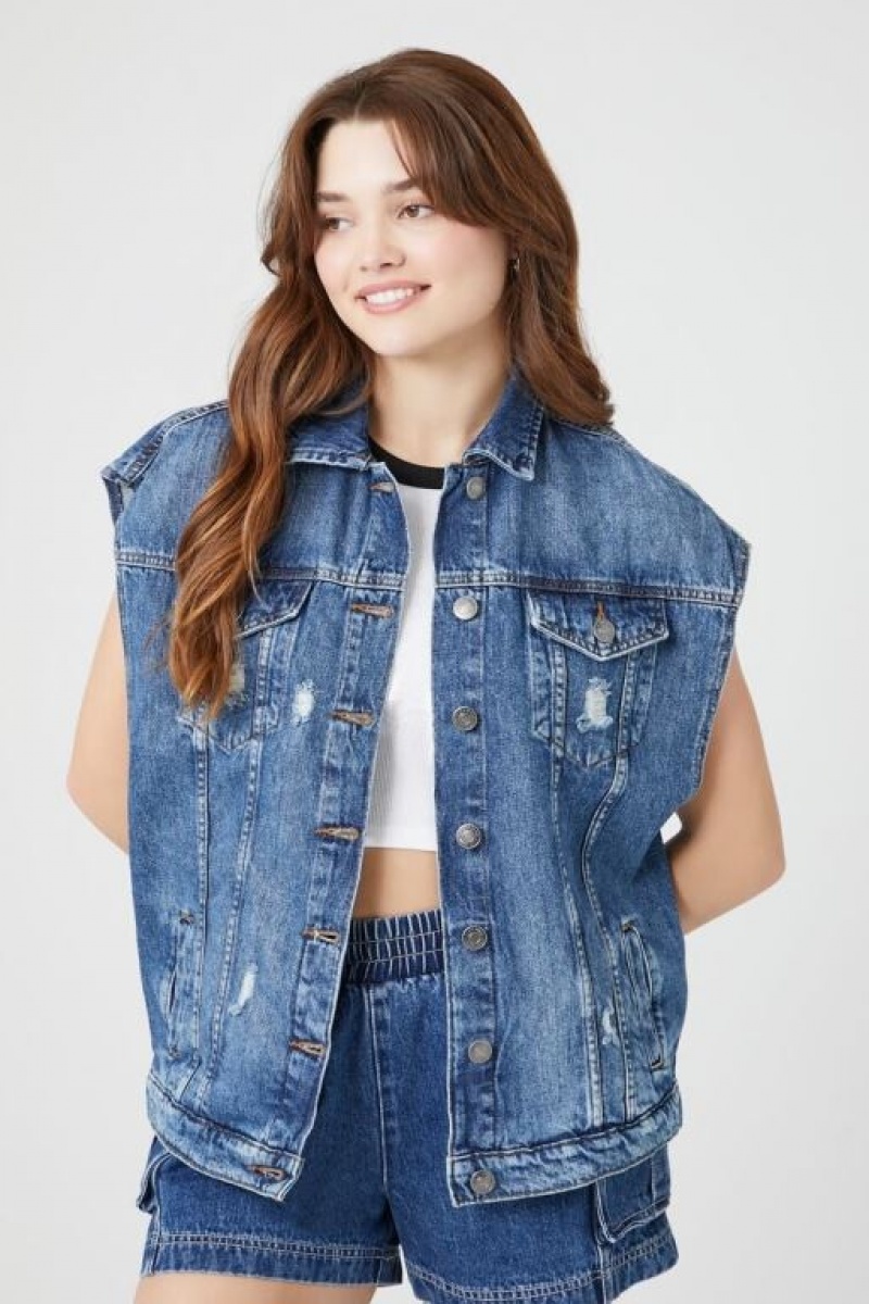 Chaleco Forever 21 Distressed Button Front Denim Mujer Azules | oZyBsXEjNqN