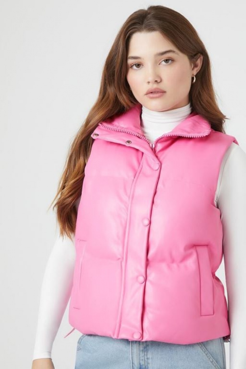 Chaleco Forever 21 Faux Cuero Acolchado Puffer Mujer Rosas | IlDPGiqh62x