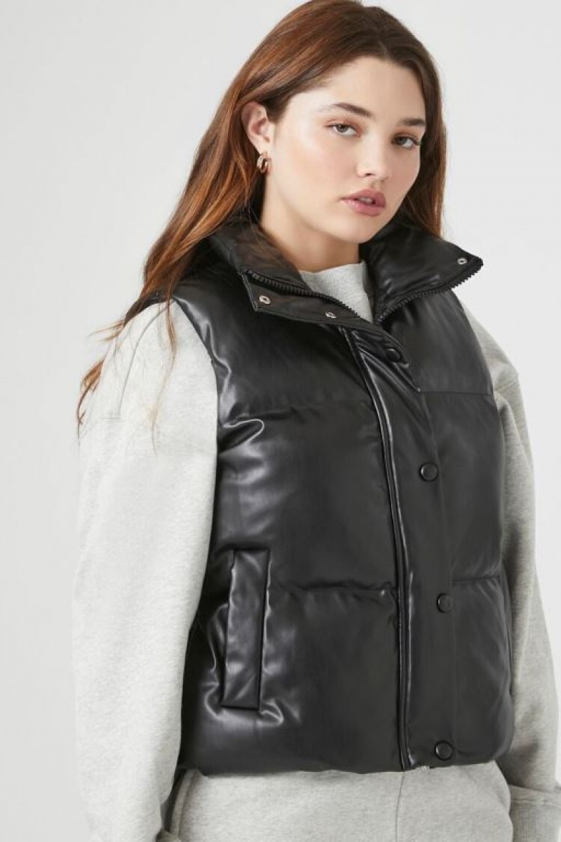 Chaleco Forever 21 Faux Cuero Acolchado Puffer Mujer Negras | 1vnn1Q5DNHE