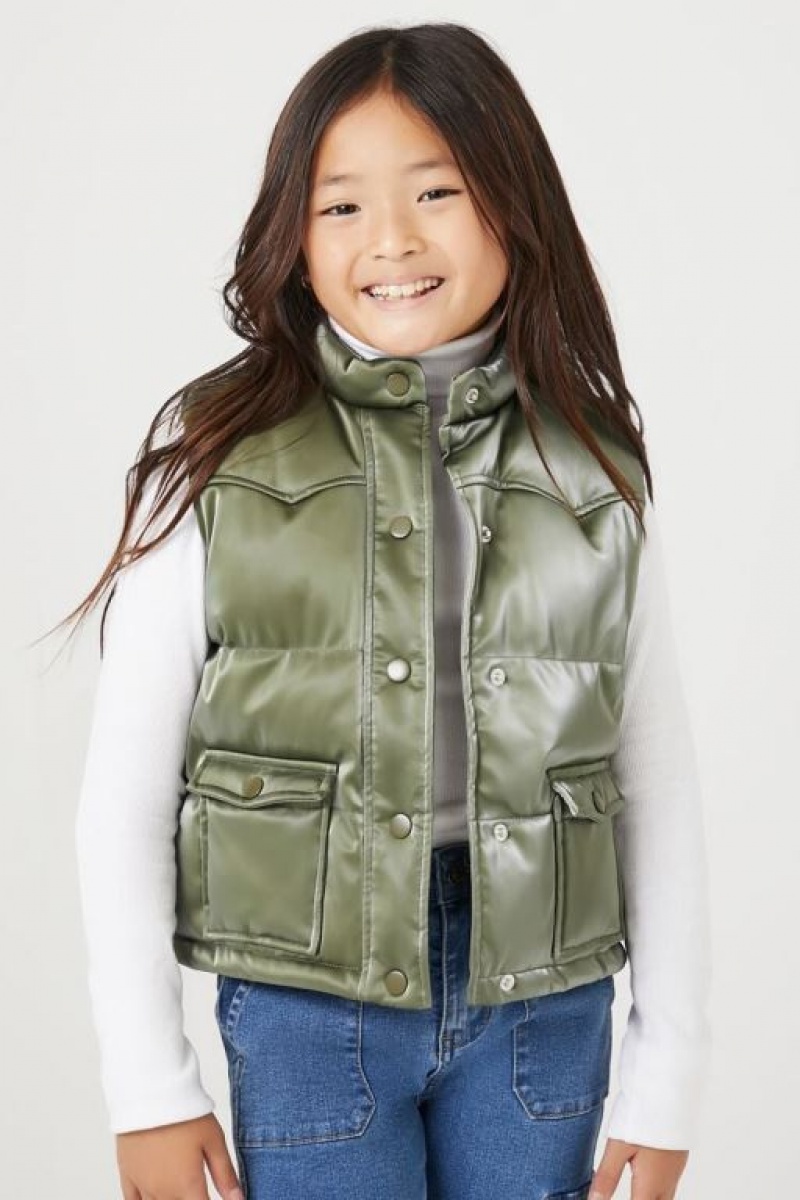 Chaleco Forever 21 Girls Acolchado Puffer Niños Verde Oliva | lo8AjGp3I7i