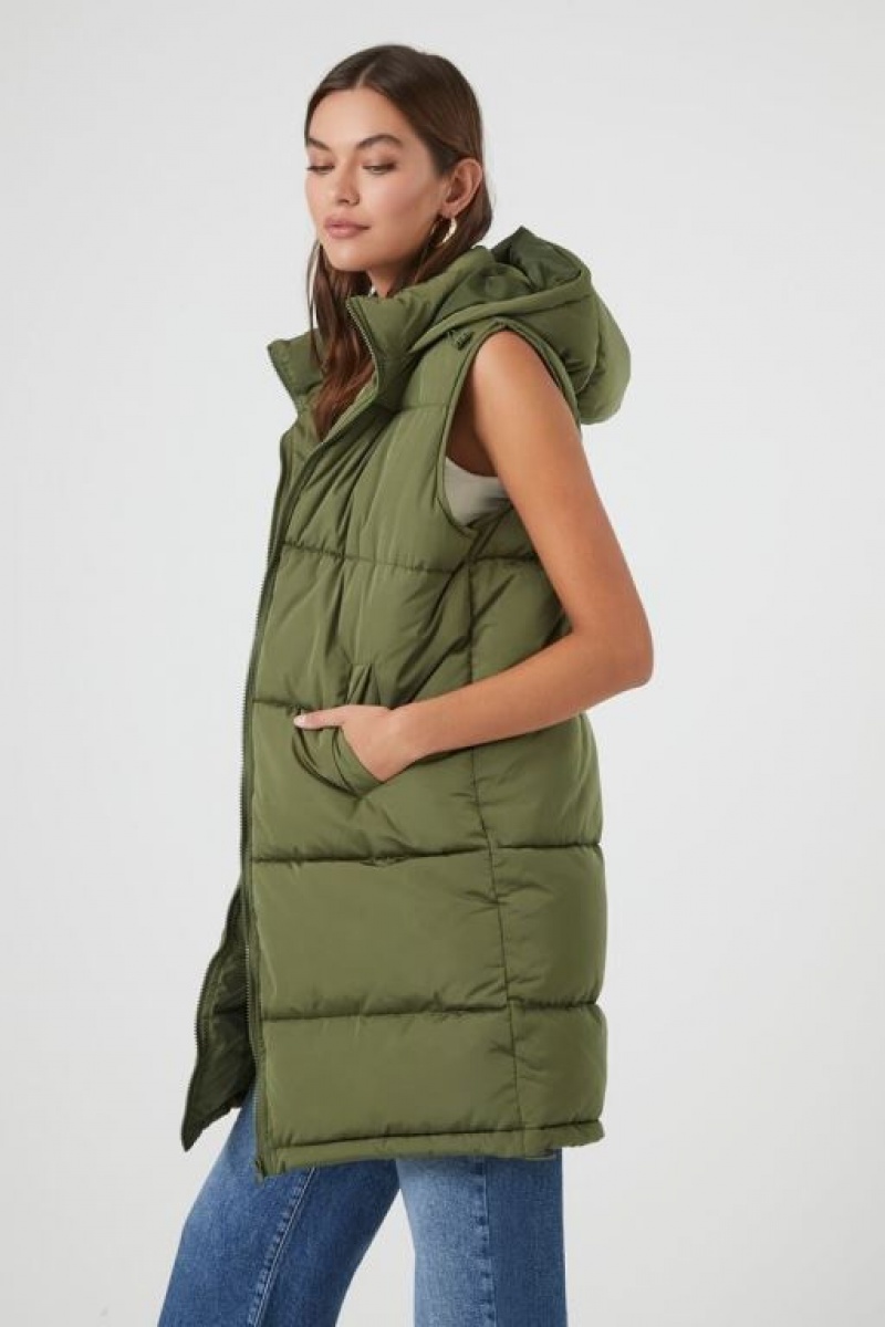 Chaleco Forever 21 Longline Hooded Acolchado Puffer Mujer Verde Oliva | ZlxTdSkHTL4