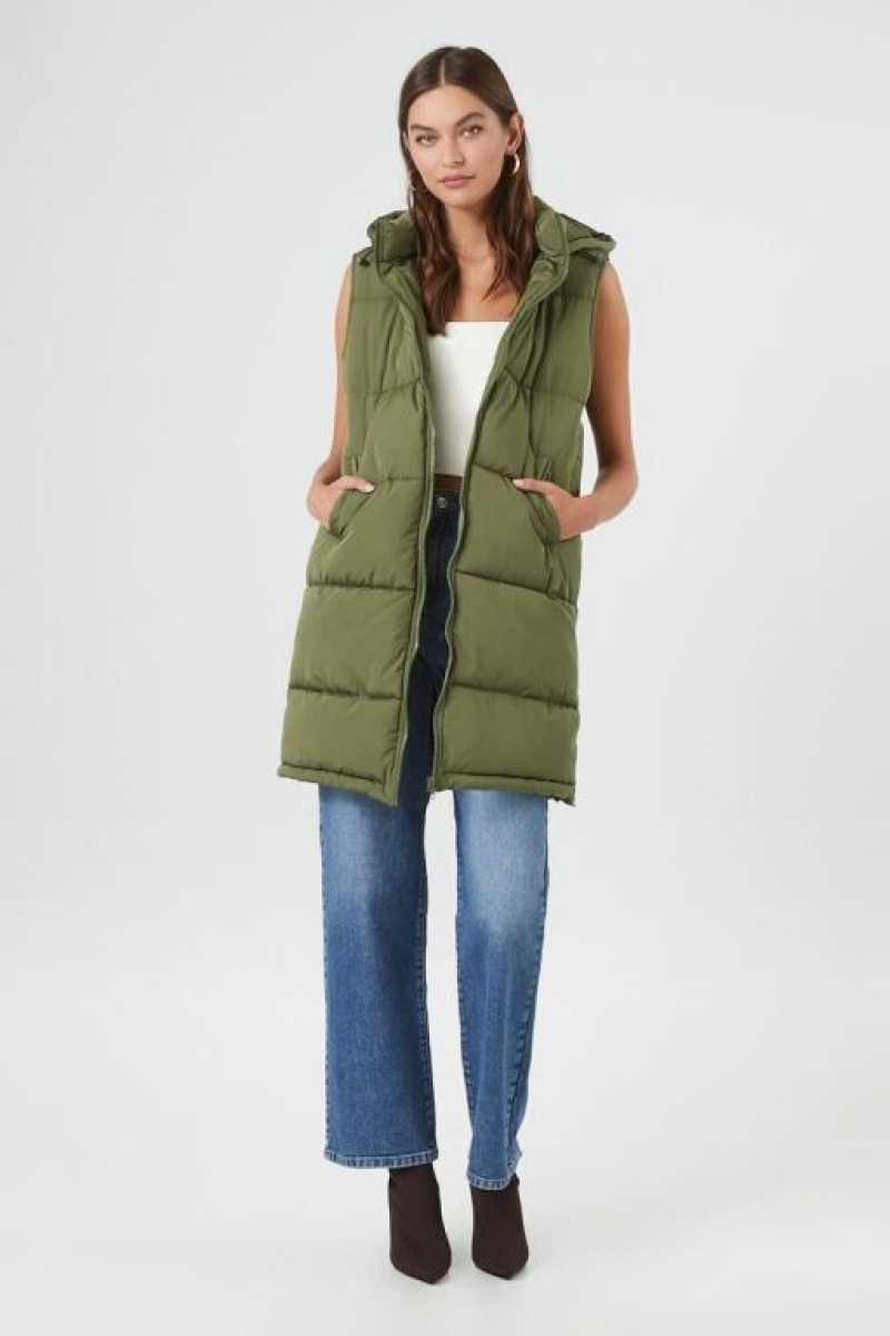 Chaleco Forever 21 Longline Hooded Acolchado Puffer Mujer Verde Oliva | ZlxTdSkHTL4