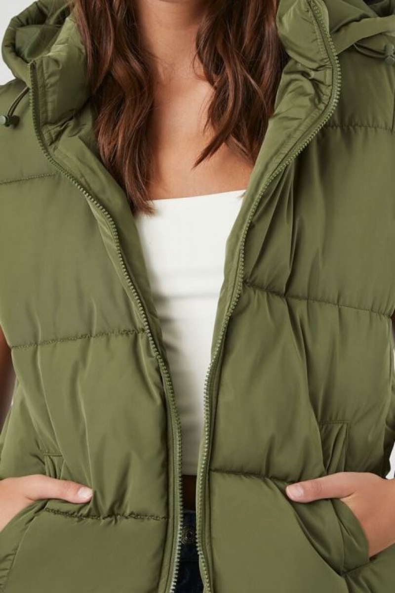 Chaleco Forever 21 Longline Hooded Acolchado Puffer Mujer Verde Oliva | ZlxTdSkHTL4