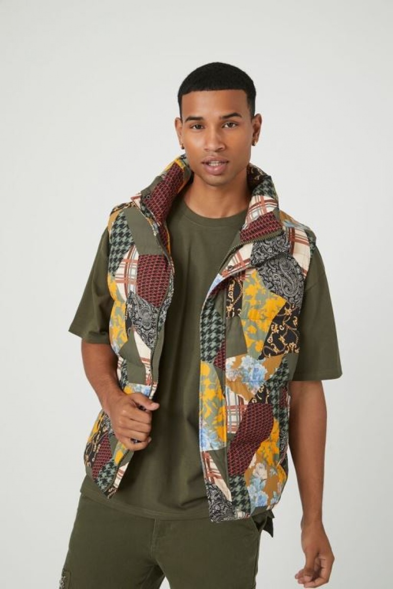 Chaleco Forever 21 Mixed Print Patchwork Puffer Hombre Negras Multicolor | oUME7QDtRDl