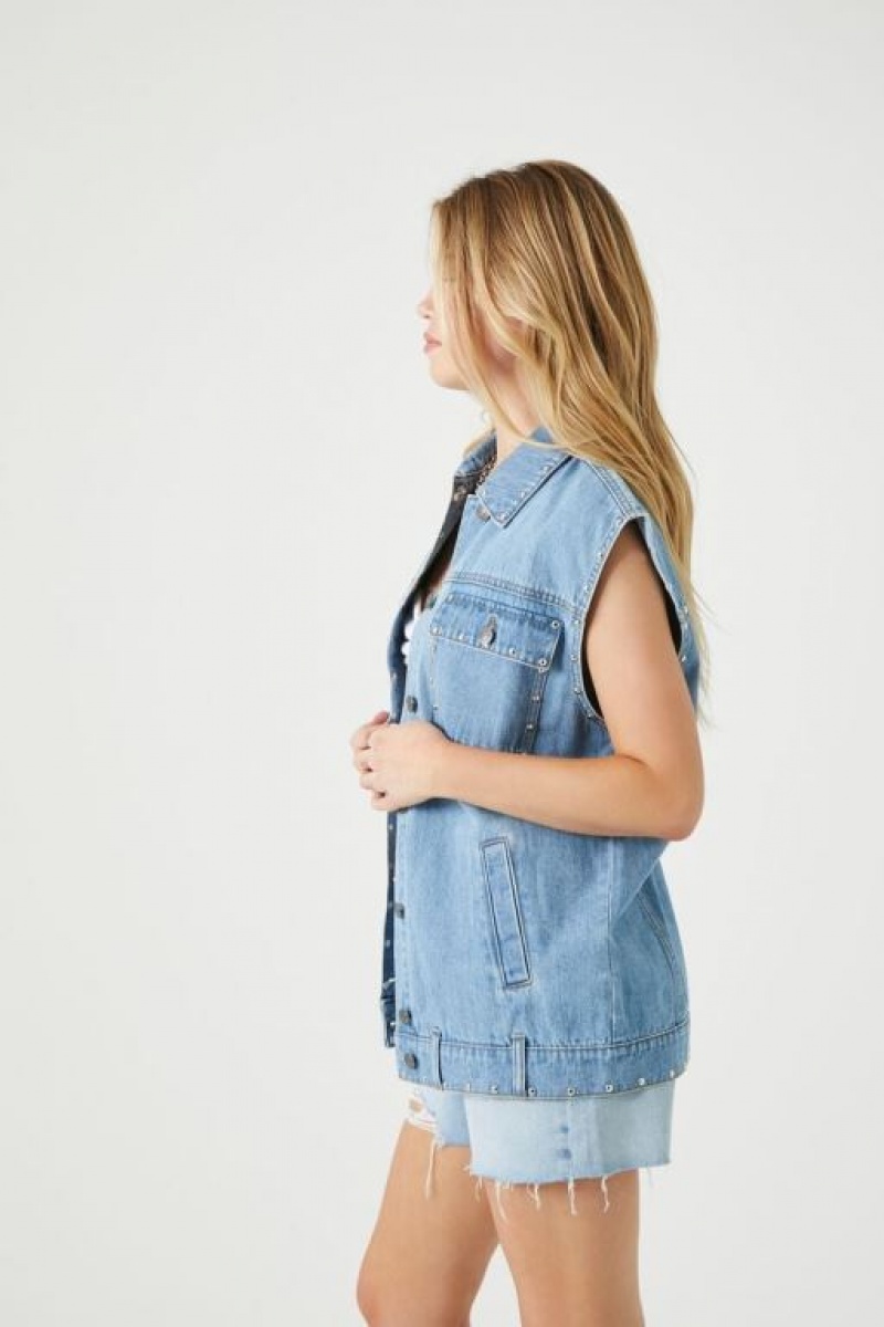 Chaleco Forever 21 Studded Longline Denim Mujer Azules Claro | zqI6ZHQajdK