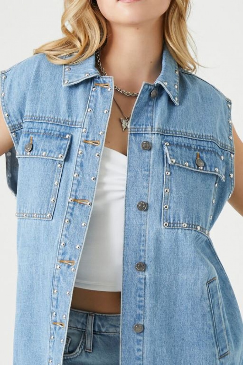 Chaleco Forever 21 Studded Longline Denim Mujer Azules Claro | zqI6ZHQajdK