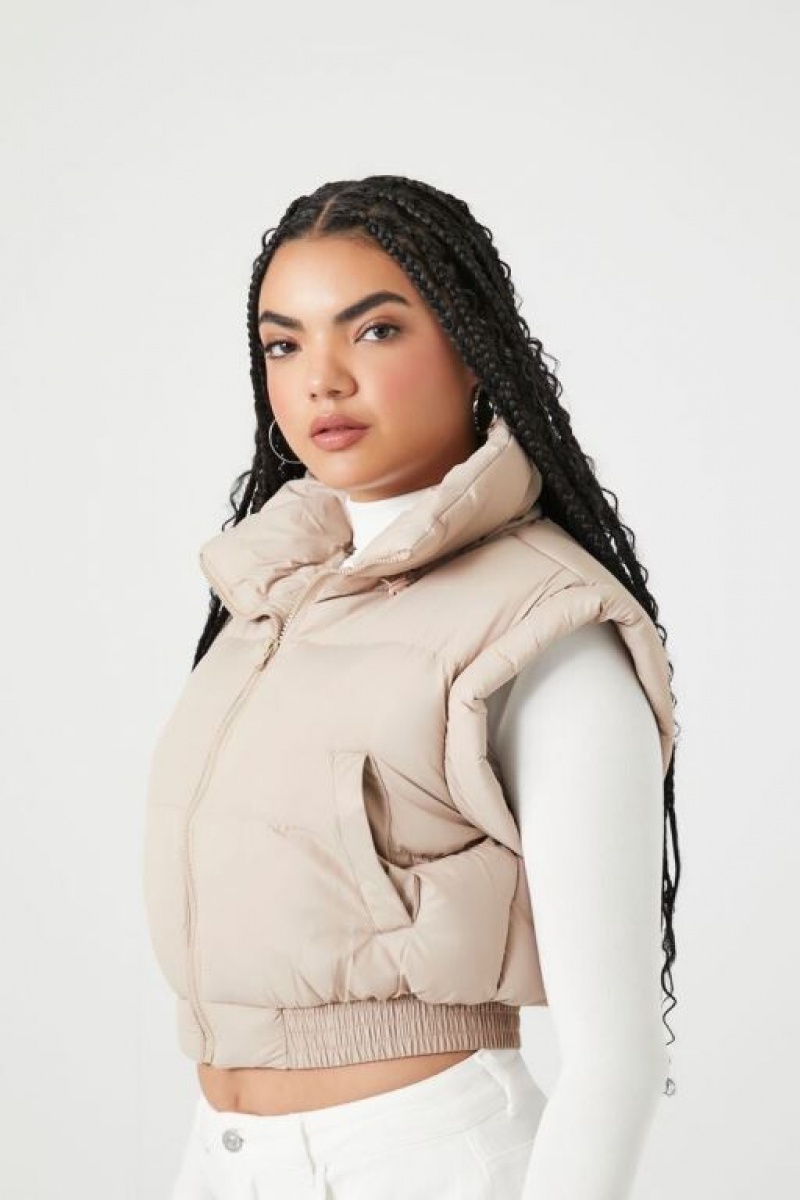 Chaleco Forever 21 Zip Up Cropped Puffer Mujer Gris Marrones | eLx0JmWstpJ