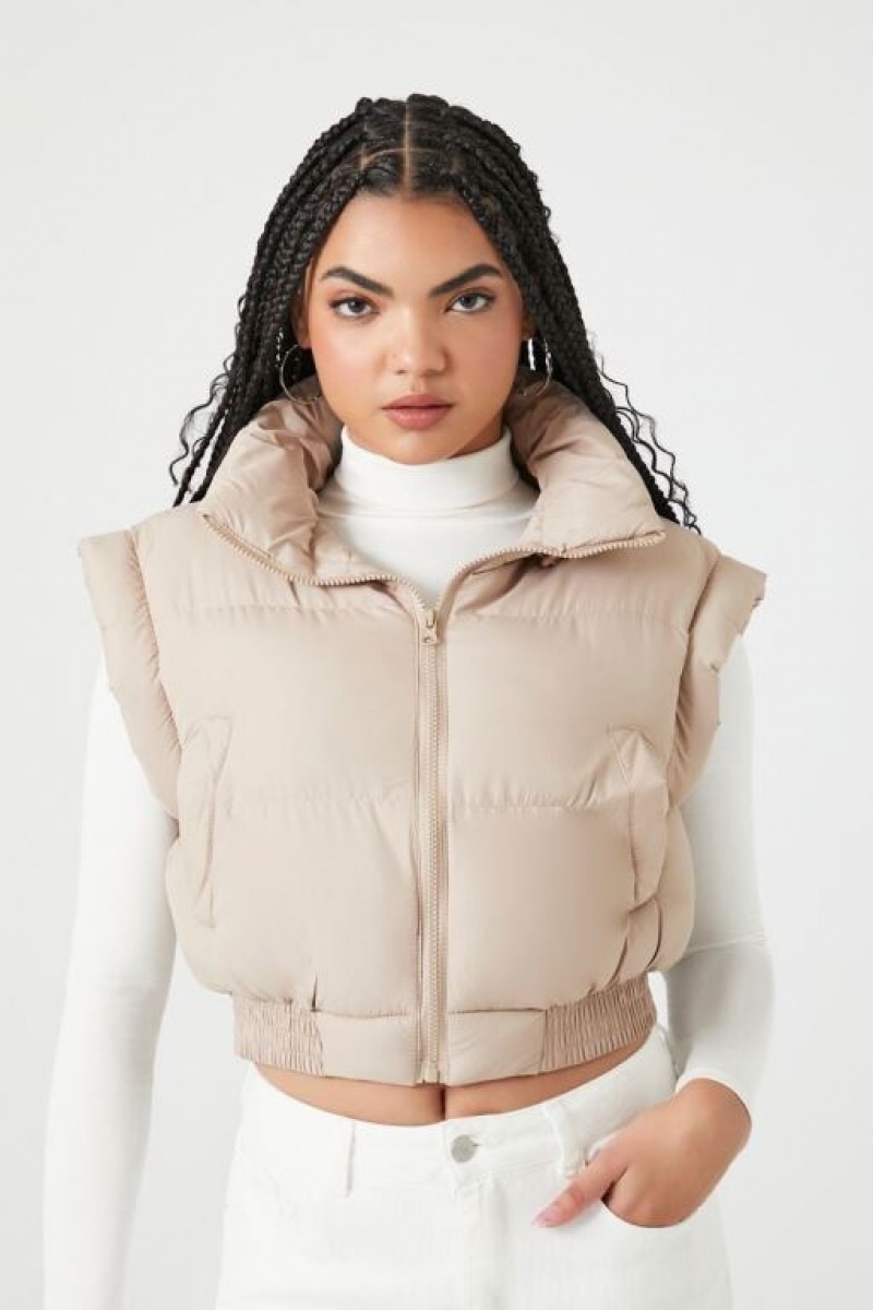 Chaleco Forever 21 Zip Up Cropped Puffer Mujer Gris Marrones | eLx0JmWstpJ