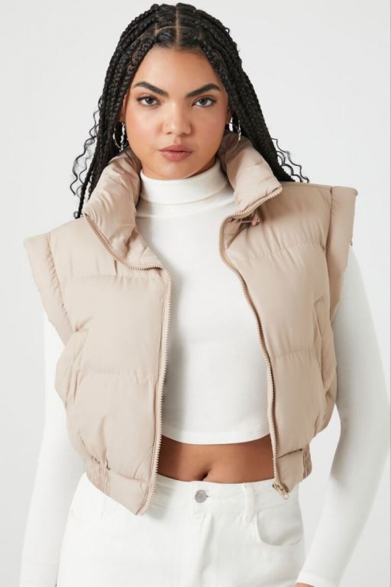 Chaleco Forever 21 Zip Up Cropped Puffer Mujer Gris Marrones | eLx0JmWstpJ