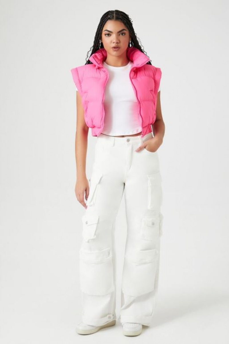 Chaleco Forever 21 Zip Up Cropped Puffer Mujer Rosas | 5fdHW21lllZ