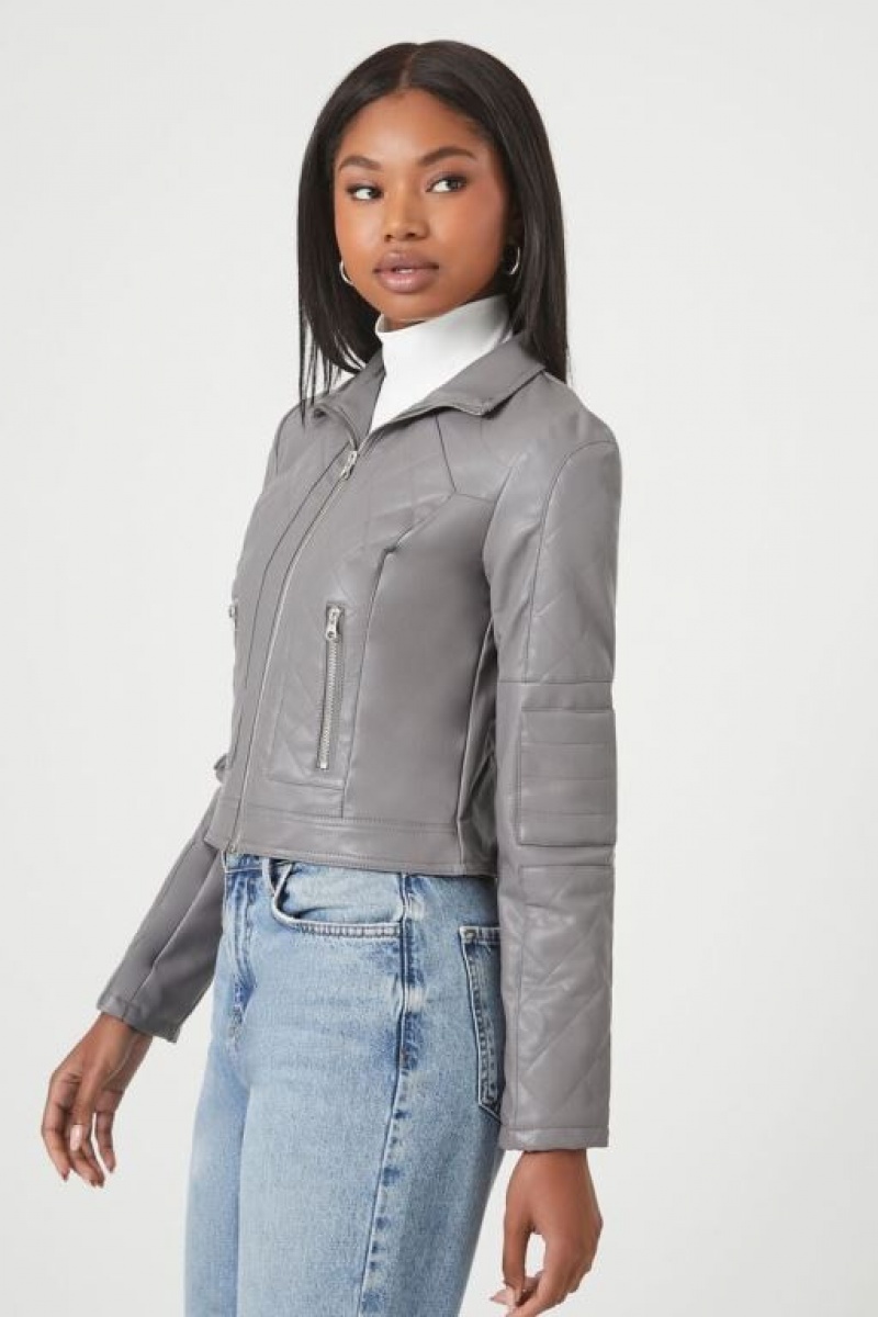 Chaqueta Acolchada Forever 21 Acolchado Faux Cuero Moto Mujer Gris | yREpiCXq3dS