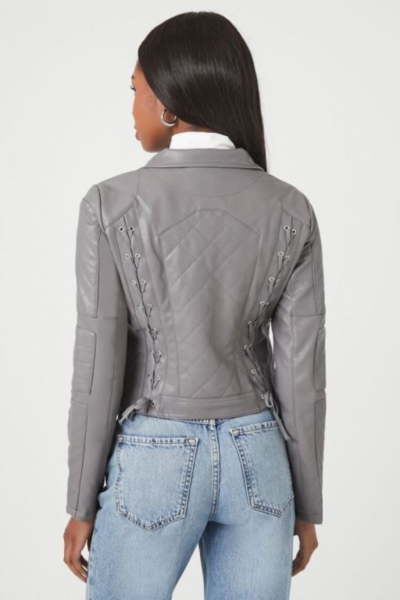 Chaqueta Acolchada Forever 21 Acolchado Faux Cuero Moto Mujer Gris | yREpiCXq3dS