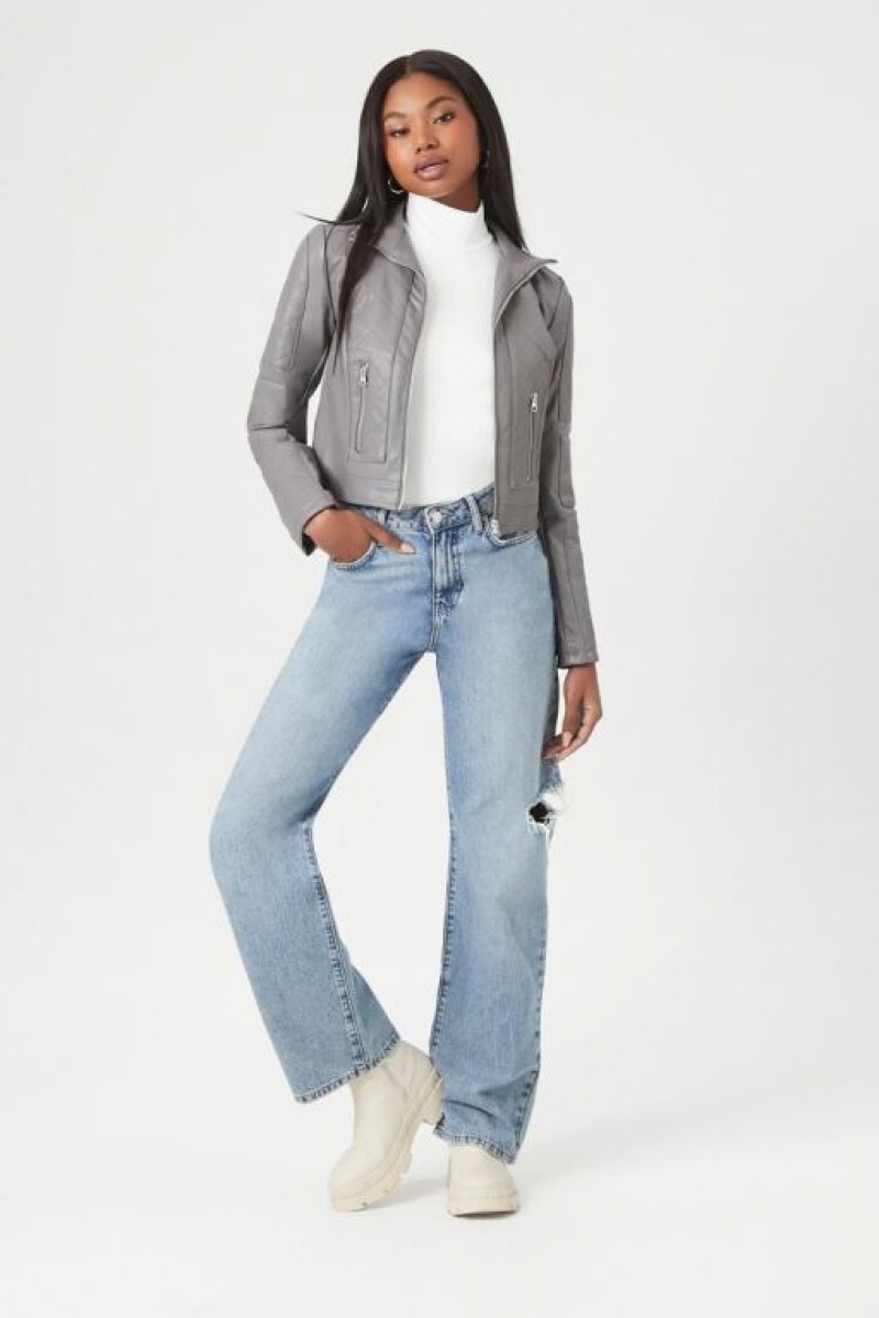 Chaqueta Acolchada Forever 21 Acolchado Faux Cuero Moto Mujer Gris | yREpiCXq3dS