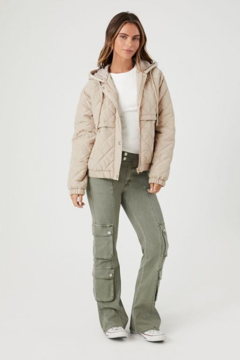 Chaqueta Acolchada Forever 21 Acolchado Hooded Puffer Mujer Kaki | dKLAXM1Yb8E