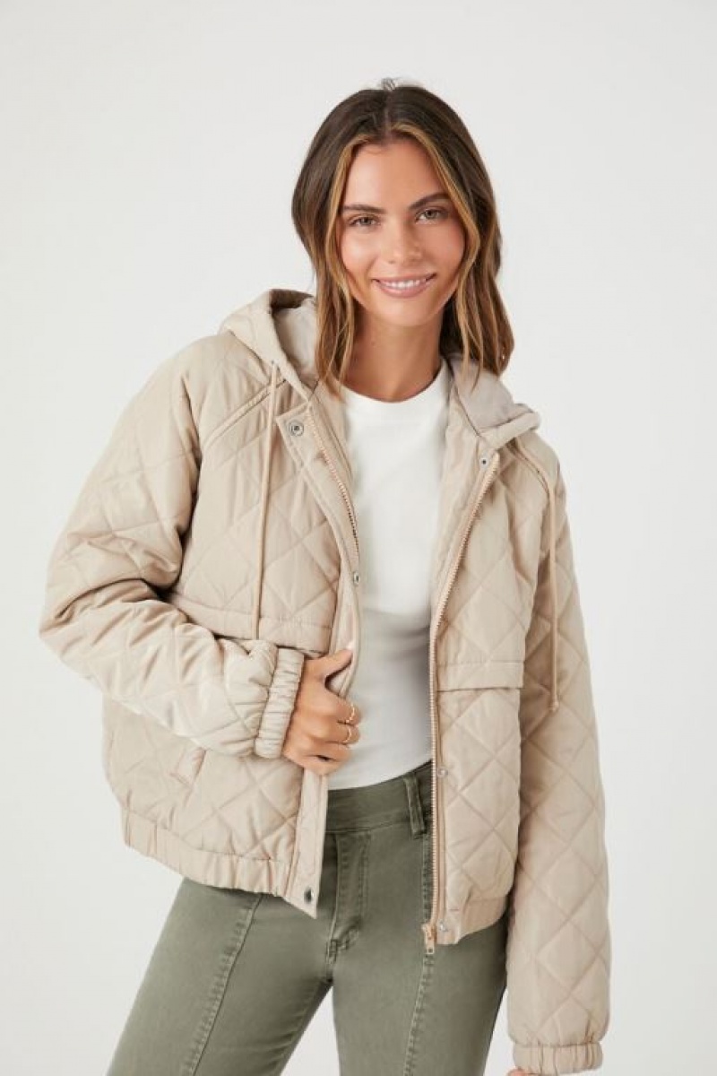 Chaqueta Acolchada Forever 21 Acolchado Hooded Puffer Mujer Kaki | dKLAXM1Yb8E