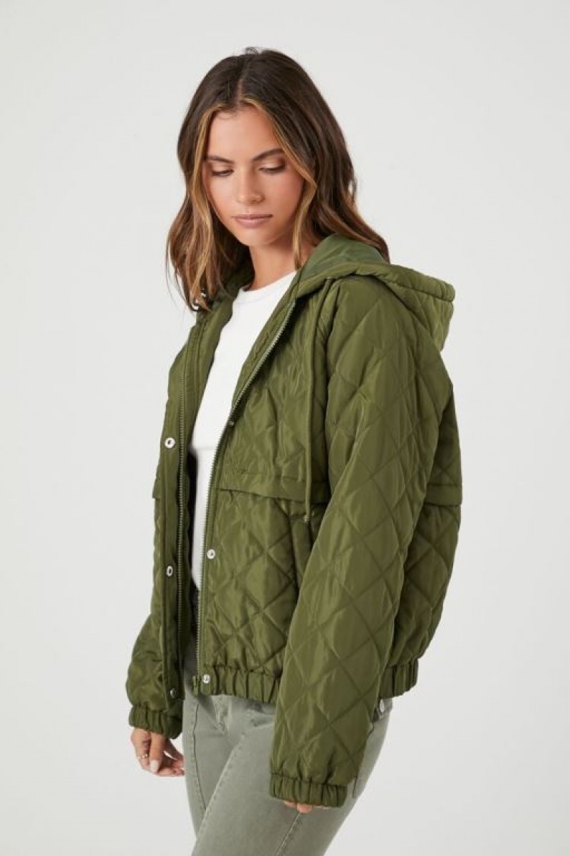 Chaqueta Acolchada Forever 21 Acolchado Hooded Puffer Mujer Gris Verde | UE5MNtem2Sq