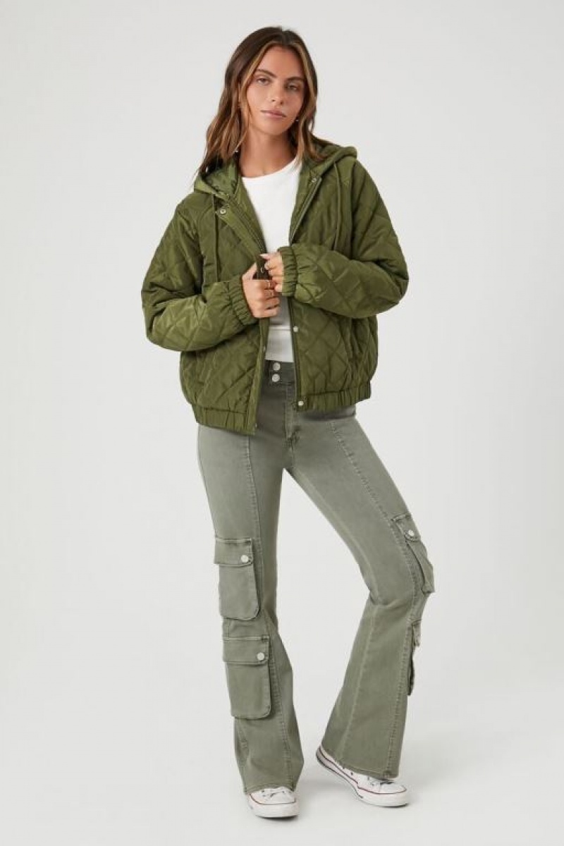 Chaqueta Acolchada Forever 21 Acolchado Hooded Puffer Mujer Gris Verde | UE5MNtem2Sq