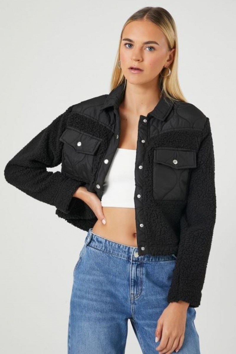 Chaqueta Acolchada Forever 21 Acolchado Faux Shearling Mujer Negras | FmhnSvBt3WQ