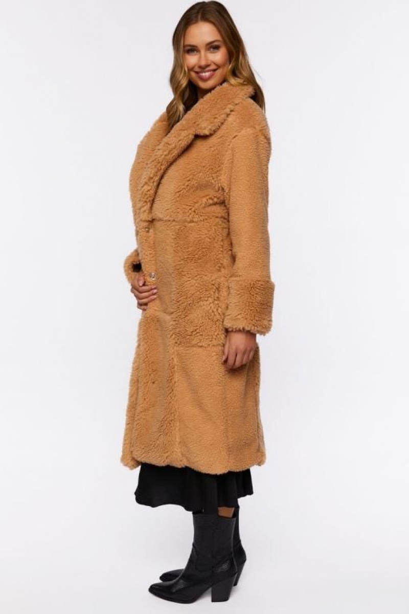 Chaqueta Acolchada Forever 21 Acolchado Faux Shearling Duster Coat Mujer Marrones | DGnOO5a0buH