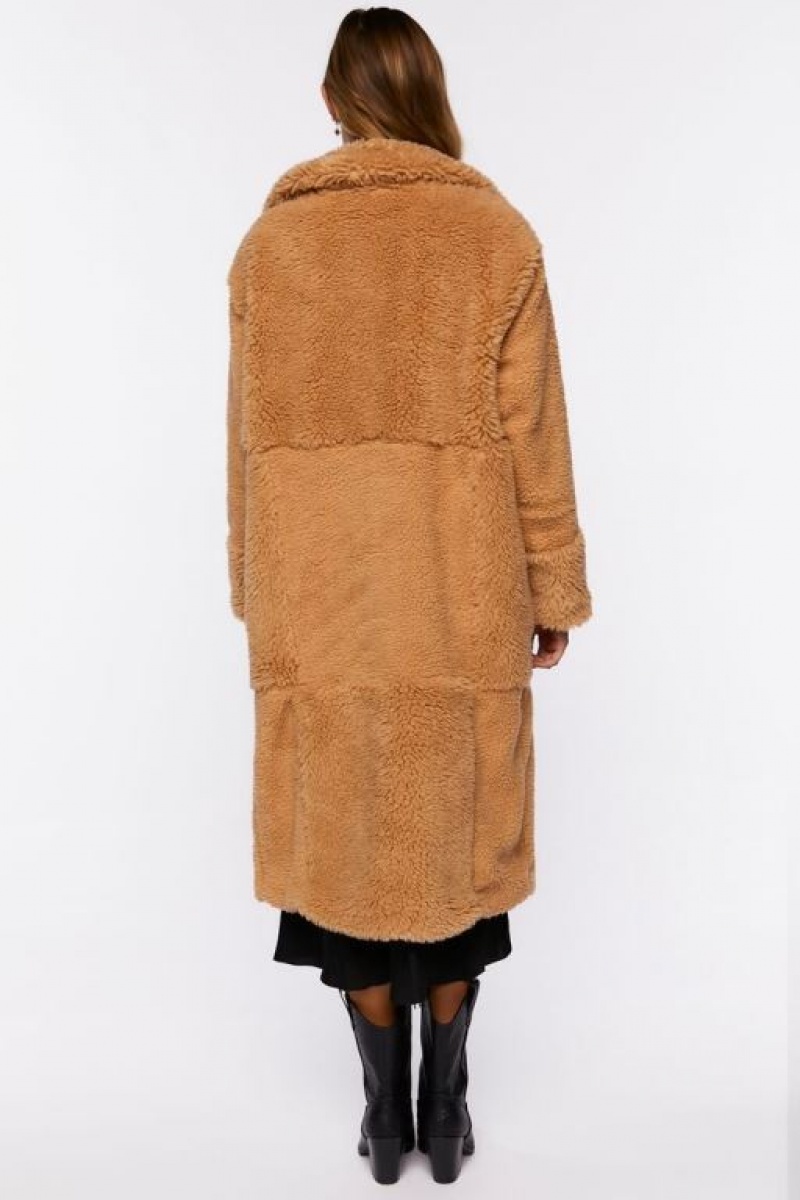 Chaqueta Acolchada Forever 21 Acolchado Faux Shearling Duster Coat Mujer Marrones | DGnOO5a0buH