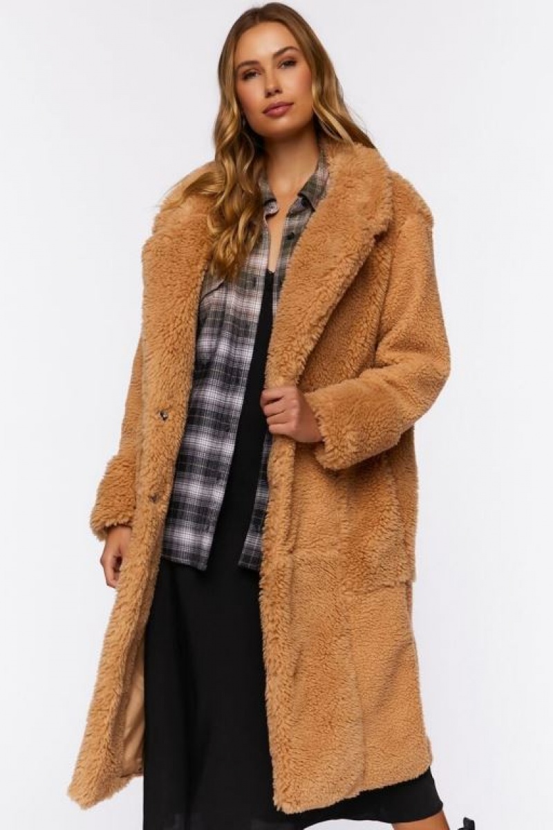 Chaqueta Acolchada Forever 21 Acolchado Faux Shearling Duster Coat Mujer Marrones | DGnOO5a0buH