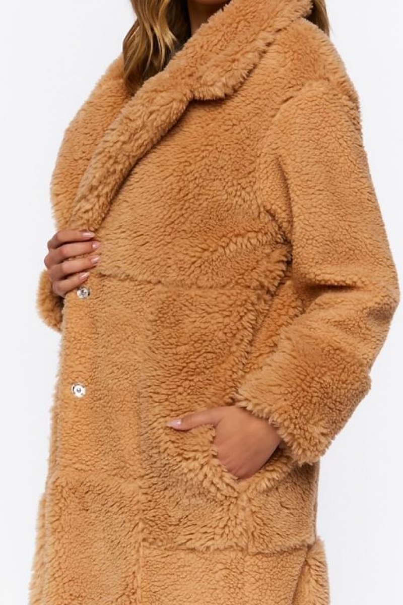 Chaqueta Acolchada Forever 21 Acolchado Faux Shearling Duster Coat Mujer Marrones | DGnOO5a0buH