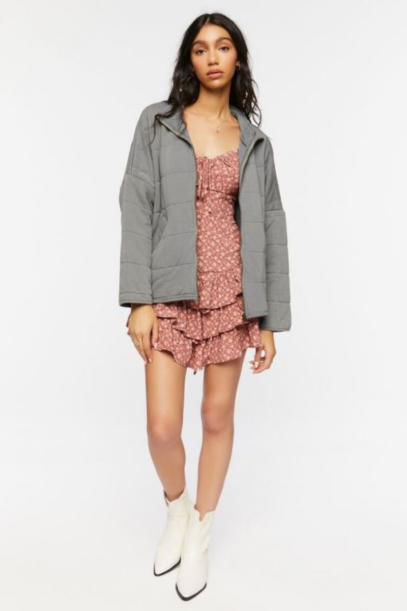 Chaqueta Acolchada Forever 21 Acolchado Zip Up Mujer Gris Oscuro | t7dwWXvLZ07