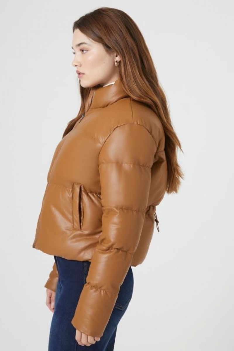 Chaqueta Acolchada Forever 21 Faux Cuero Acolchado Puffer Mujer Marrones | OGzGN6GeTDh