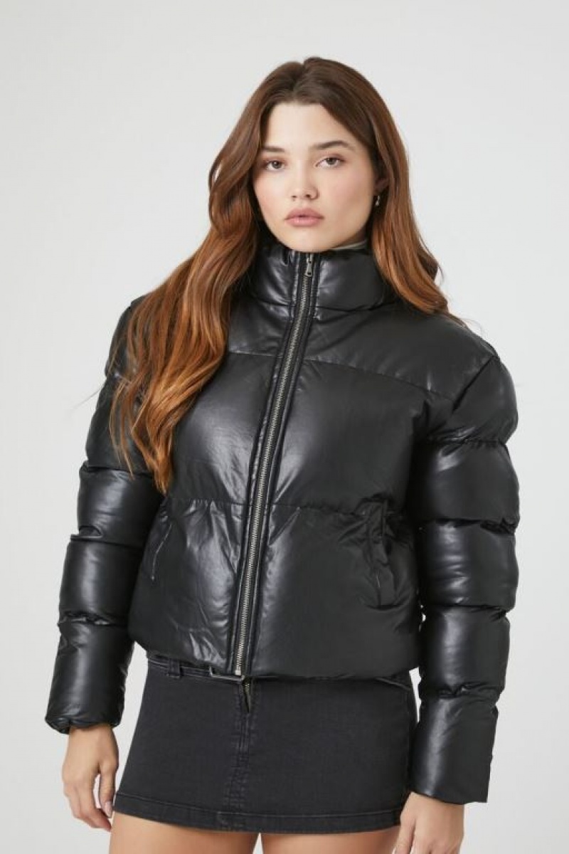 Chaqueta Acolchada Forever 21 Faux Cuero Acolchado Puffer Mujer Negras | 1NPQdoHQ5a4