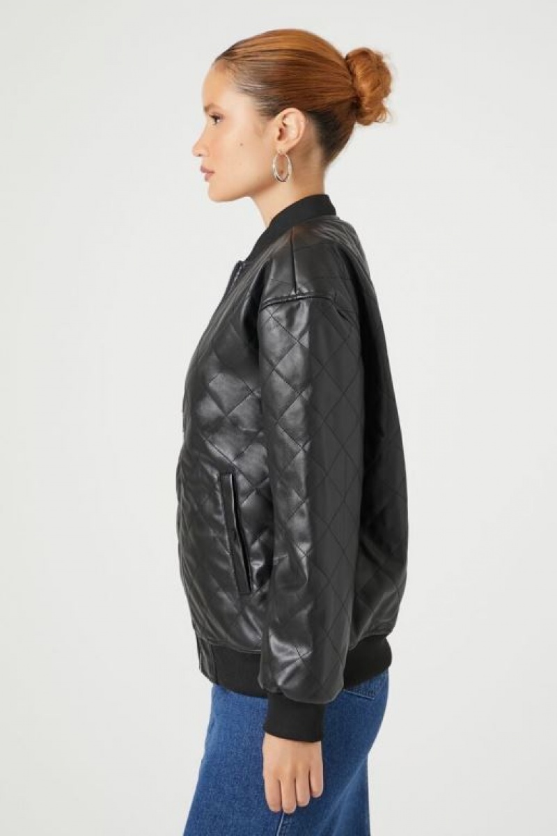 Chaqueta Acolchada Forever 21 Faux Cuero Acolchado Bomber Mujer Negras | UJATP8HFLH8