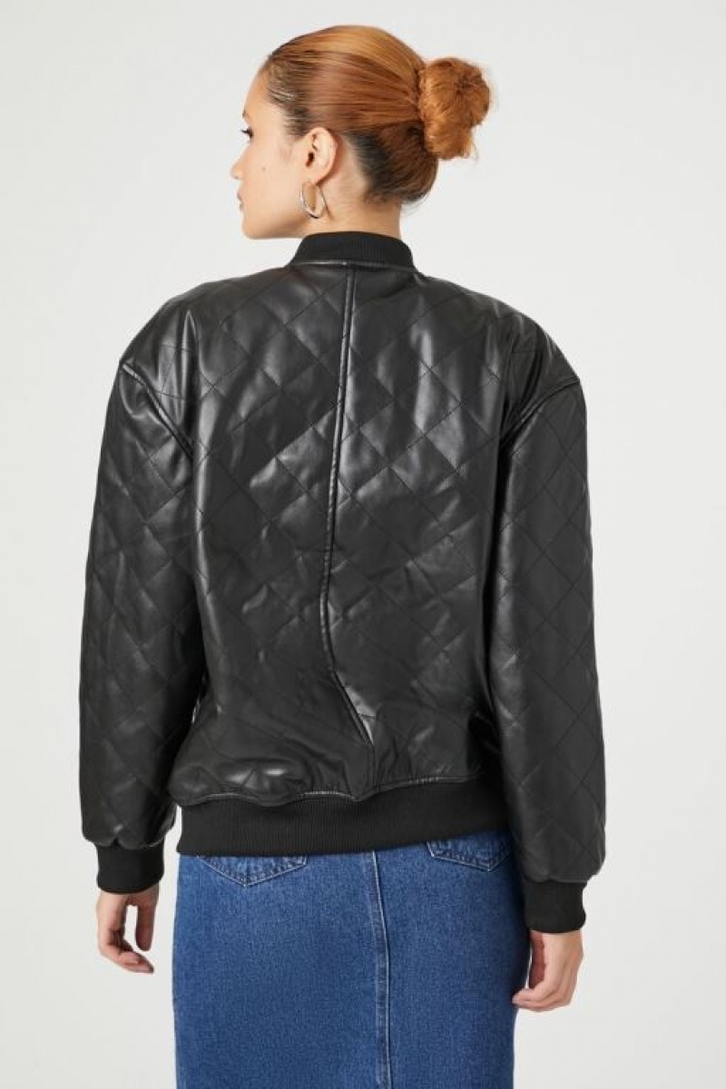 Chaqueta Acolchada Forever 21 Faux Cuero Acolchado Bomber Mujer Negras | UJATP8HFLH8