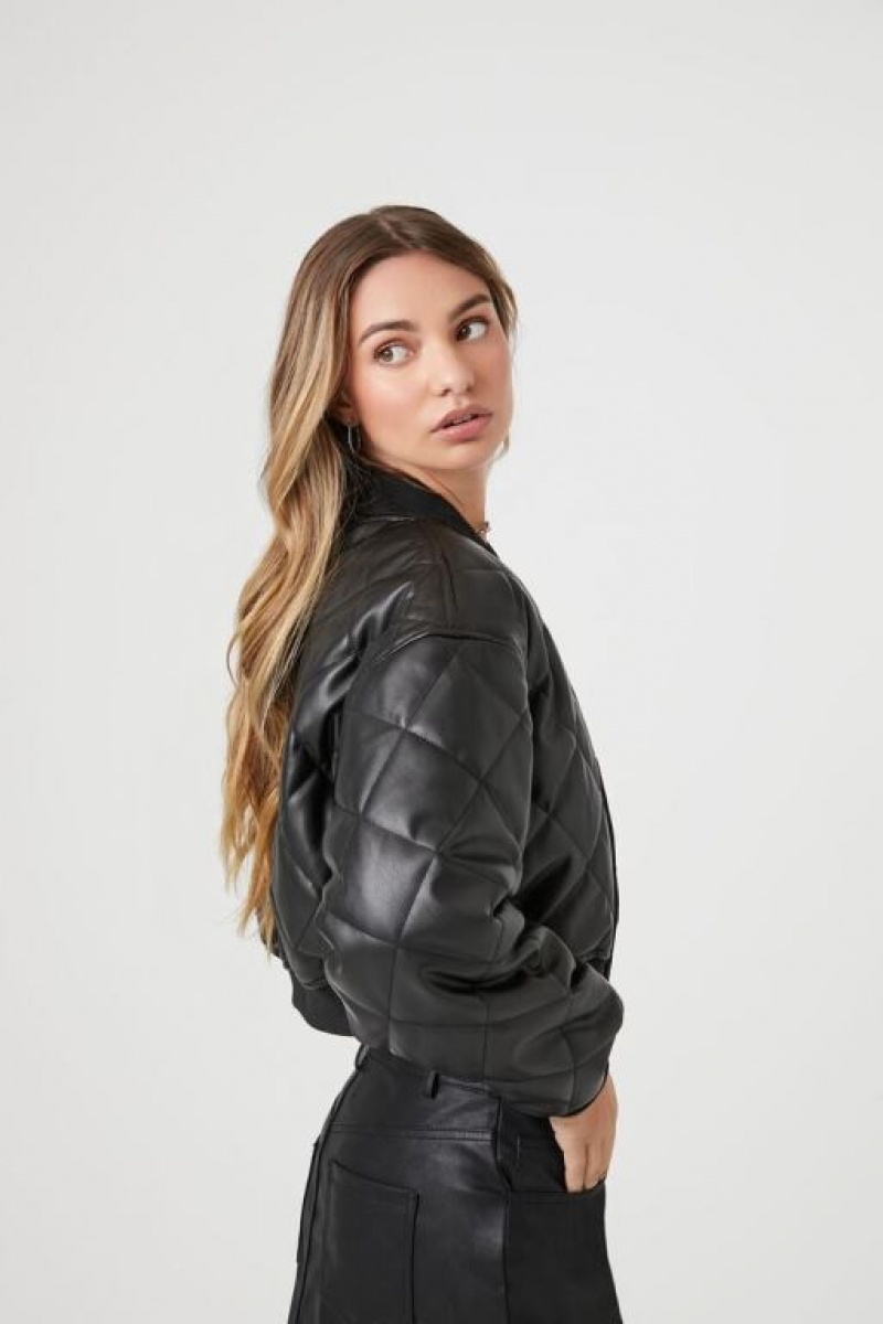 Chaqueta Acolchada Forever 21 Faux Cuero Cropped Bomber Mujer Negras | BlQ6DckG1WN