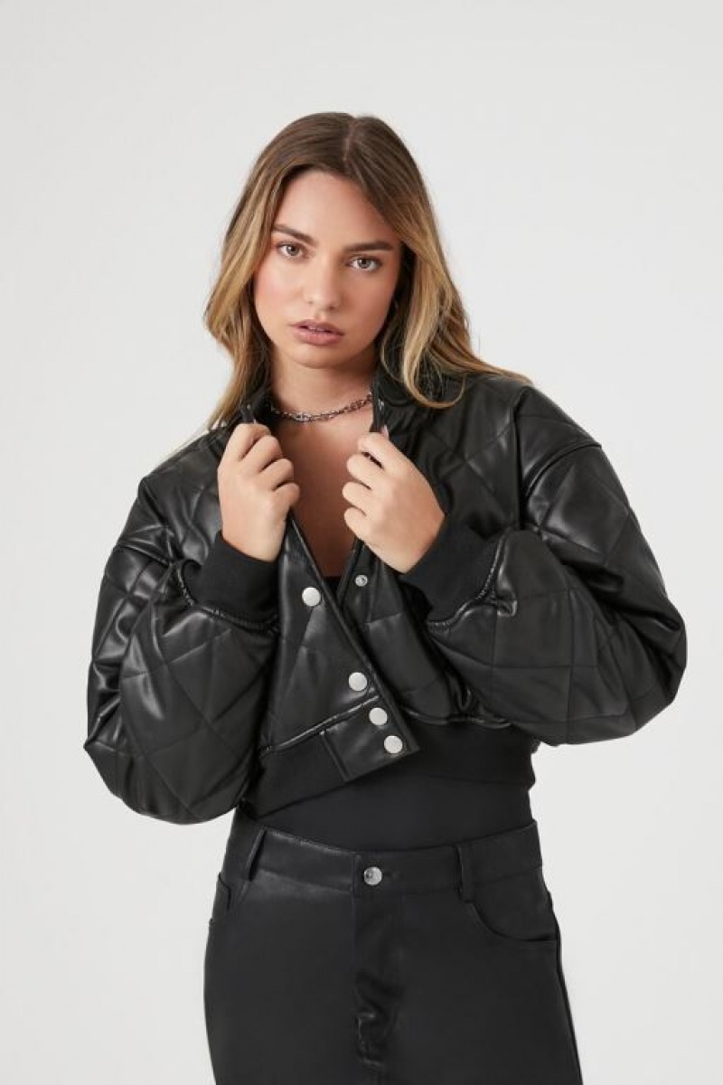 Chaqueta Acolchada Forever 21 Faux Cuero Cropped Bomber Mujer Negras | BlQ6DckG1WN