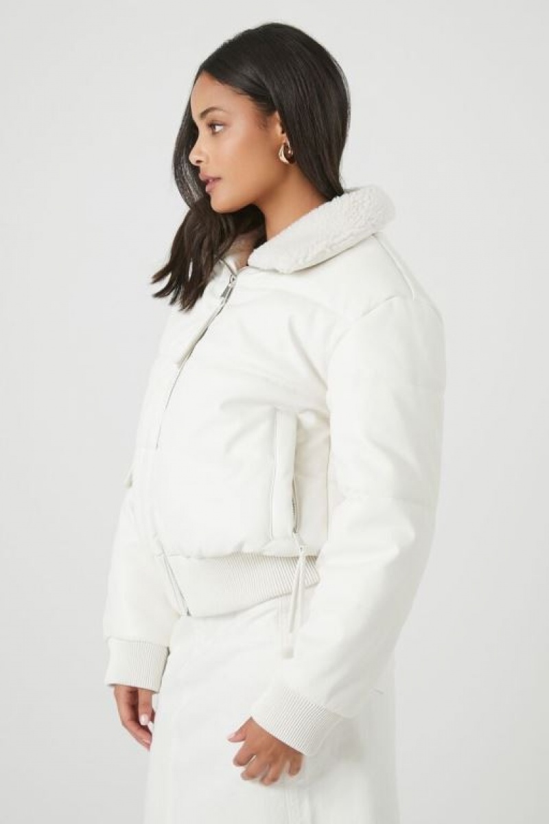 Chaqueta Acolchada Forever 21 Faux Cuero Zip Up Puffer Mujer Blancas | Q4DDZK7eXyI